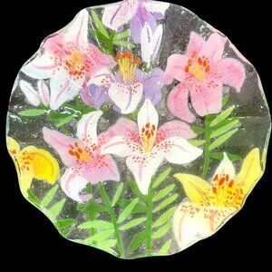 Fused Glass Floral Bowl Handmade Lily Design Colorful Decorative Plate 8.5" sign